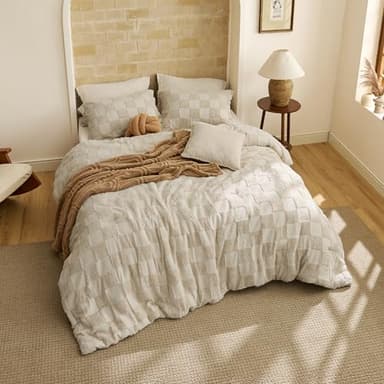 Bedsure King Size Comforter Set Beige, Boho Tufted Bed Set, Checkered Farmhouse Shabby Chic Bedding, 3 Pieces, 1 Plaid Geometric Comforter and 2 Pillow Shams - Image 6