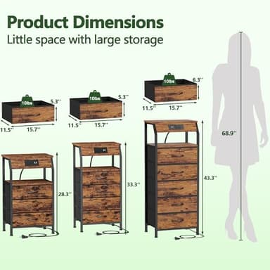 Furnulem 5 Drawers Dresser with Charging Station, Tall Night Stand with Storage Shelf, Fabric Chest of Drawers, Bedside Table for Closet, Entryway, Bedroom Furniture, 3 Ways to Use, Rustic Brown - Image 9