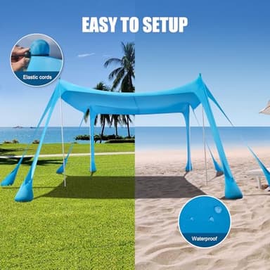 Beach Tent Sun Shelter, Beach Shade Canopy UPF50+, 10x10ft Canopy Tent with 8 Sandbags, Sand Shovels, Ground Pegs & Stability Poles, Pop Up Shade Tents for Beach, Camping, Fishing - Image 5