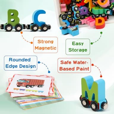 Wondertoys Wooden Alphabet Train Toy 27 PCS Magnetic Alphabet ABC Letter Train Set Includes 42 PCS Flash Cards, 1 Engine and 1 Storage Box for Toddlers Kids Boys and Girls - Image 3