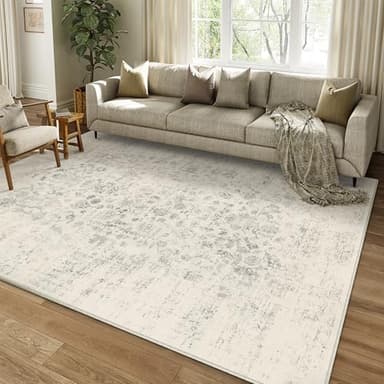 HUGEAR 8x10 Living Room Rugs Light Grey Machine Washable Area Rug Retro Floral Vintage Low Pile Carpet Lightweight Distressed Throw Large Rugs for Bedroom Office Dining Laundry Non Slip - Image 3