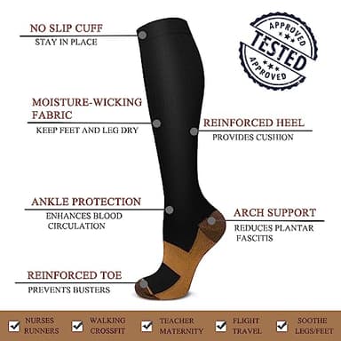 ACTINPUT Copper Compression Socks Men Women Circulation 4 Pairs-Best Support for Nurses,Running,Cycling(Black, Large/X-Large) - Image 5