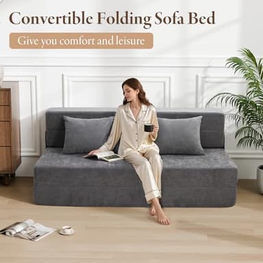 HOMFINE Folding Sofa Bed - Convertible Sleeper Chair with Pillow, Fold Out Couch, Memory Foam Floor Mattress, Futon Couch, Lazy Sofa for Living Room/Dorm/Guest Room/Home Office, Queen, Grey - Image 3