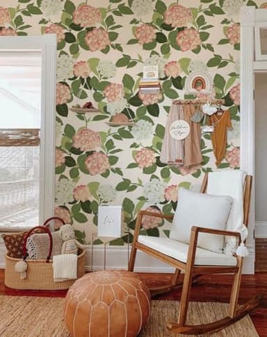 HomKihapai Floral Peel and Stick Wallpaper Self Adhesive Hydrangea Wall Paper French Country Cream Stick on Wallpaper for Bedroom Wall Decor Elegant Mural (Blush Hydrangea, 472.44“ X 17.4") - Image 3