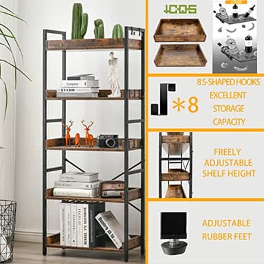 HCHQHS Adjustable 5 Tier Open Bookcase, Rustic Farmhouse Book Shelves, Industrial Wood and Black Metal Bookshelves, Mid Century Bookcase for Home Office Living Room Bedroom - Image 5