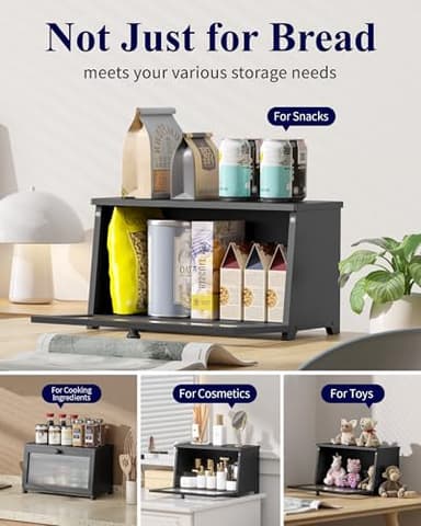 Kitsure Bread Box - Wooden Bread Box for Kitchen Countertop, Large Capacity Kitchen Countertop Organizer, Stylish Bread Storage with Window, Multi-functional Container, Black, 15.0"x8.3"x9.1" (1T) - Image 7