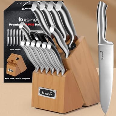Kuisine Premium Sharp Knife Set,High Carbon Stainless Steel Sharper Blade Ergonomic Non-slip Handle,Kitchen Block Knife Set Chef Knife Block Set with Built-in Sharpener(Acacia, 15PCS) - Image 7