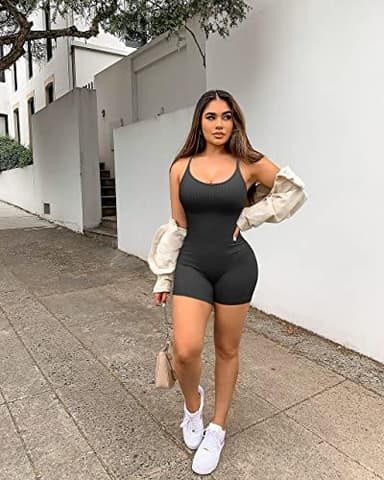 YIOIOIO Women Workout Seamless Jumpsuit Yoga Ribbed Bodycon One Piece Spaghetti Strap Shorts Romper - Image 5