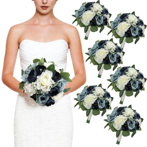 DIYDOFUN Set of 6 Navy & Dusty Blue Silk Bridesmaid Bouquets, 11 Inch Round Artificial Flower Arrangements for Wedding Decorations - Image 1