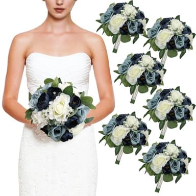 DIYDOFUN Set of 6 Navy & Dusty Blue Silk Bridesmaid Bouquets, 11 Inch Round Artificial Flower Arrangements for Wedding Decorations - Image 1