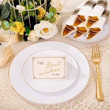 KIRE 350 PCS White and Gold Plates Disposable - Elegant Dinnerware Set of 50 Guest, White Plastic Plates With Gold Rim, Pre Rolled Napkins with Silverware & Cups for Thanksgiving Party/Wedding - Image 4