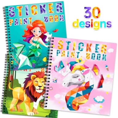 homicozy 3PCS Sticker Paint Books for Kids Ages 4-10,Unicorn Mermaid Animals Designs Paint by Stickers,Sticker by Numbers,Party Birthday Gifts for Girls 4-10,Create 30 Pictures One Stickers at A Time - Image 1