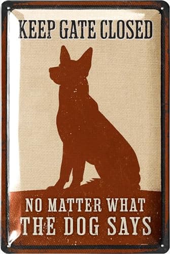 LANOLU Keep Gate Closed Sign Dogs Vintage Tin Sign, Dogs Present On Property Sign, Dog in Yard Keep Gate Closed, Please Keep Gate Closed, Beware of Dog Signs for Fence, Funny, Metal 12x8" - Image 1