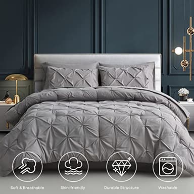 Maple&Stone Queen Comforter Set - 7 Pieces Pintuck Bed in A Bag Queen Pleat Pinch - Comforters Queen Size - Comforter Set with Flat Sheet, Fitted Sheet and Pillowcases & Shams, Grey - Image 2