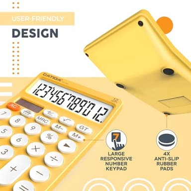 CATIGA 12 Digit Desktop Calculator Basic Desk Calculator with Large LCD Display, Big Buttons, 4 Function, Solar and Battery Dual Power, for Office, School, Home, SD-1292 Yellow - Image 5
