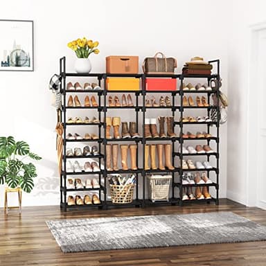 ROJASOP Large Shoe Rack Organizer for Entryway Closet 64-68 Pairs 9-Tier Heavy Duty Tall Garage Shoe Rack Shoe Shelf Shoes Storage with 18 Pcs Removable Side Hooks for Bedroom and Garage Black - Image 8