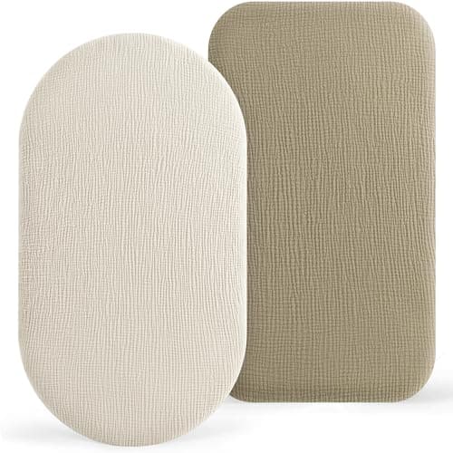 Bearmoss Bassinet Sheets - 2 Pack Muslin Cotton Bassinet Sheets Fits Oval and Rectangle Bassinet Mattress, Breathable and Skin-Friendly for Baby Boy and Girl (Cream&Olive Green) - Image 1