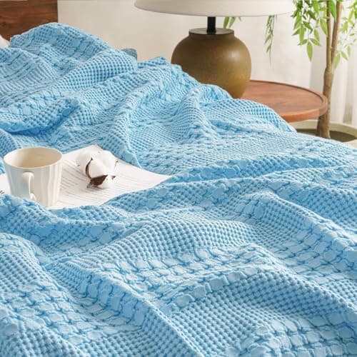 David's Home 100% Cotton Waffle Blanket Queen Size, Lightweight Breathable Soft Cooling Blanket for All Seasons, Gift for Women, Aesthetics Home Decor for Couch Sofa Bedding,Sky Blue,90x90 - Image 1