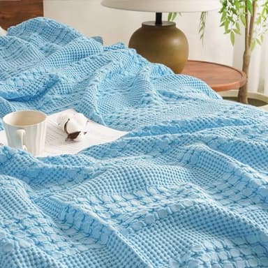 David's Home 100% Cotton Waffle Blanket Queen Size, Lightweight Breathable Soft Cooling Blanket for All Seasons, Gift for Women, Aesthetics Home Decor for Couch Sofa Bedding,Sky Blue,90x90 - Image 1