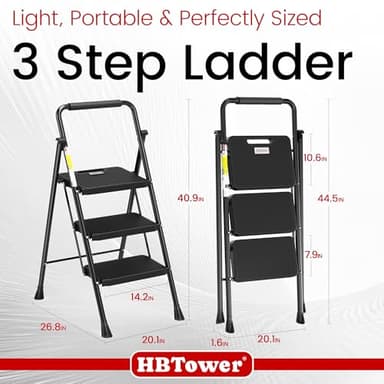 HBTower Step Ladder, Folding Step Stool with Wide Anti-Slip Pedal, Sturdy Steel Ladder, Convenient Handrail, Lightweight, Portable Steel Step Stool - Image 2