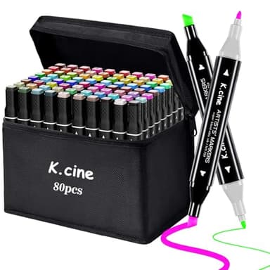 K.CINE 80 Colors Alcohol Markers for Adult Coloring Books, Dual Tip Art Markers with Brush Tip & Chisel Tips for Coloring, Illustrations, Drawing, Sketching with Carrying Case - Image 1