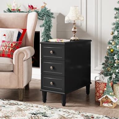 Tribesigns Solid Wood End Table, Fully Assembled Narrow Side Table with Drawers, Pre-Assembled Nightstand Slim Bedside Table for Small Spaces, Living Room, Bedroom, Black - Image 4