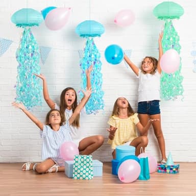 Jellyfish Paper Lanterns, under the sea party decorations, Light Blue Green Cyan Hanging Jelly Fish Lantern for Kids Birthday Decors Ocean Themed party Baby Shower Room Decorations - Image 6