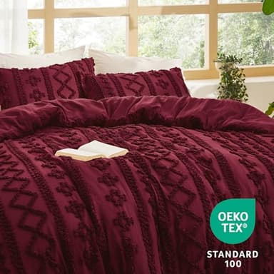 Bedsure Tufted Boho Comforter Set Full Size - Dark Red Boho Bed Set, GentleSoft™ 3 Pieces Farmhouse Shabby Chic Embroidery Bedding, Gifts for Woman, Soft Jacquard Full Comforter for All Seasons - Image 5