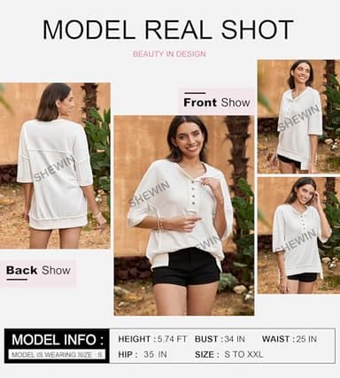 SHEWIN Short Sleeve Oversized Sweatshirt for Women 2025 Summer Casual Trendy Short Sleeve V Neck Tshirts Crewneck Tops A White X-Large - Image 5