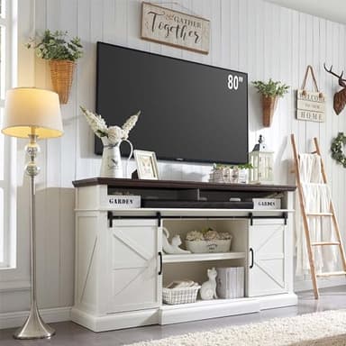 Farmhouse TV Stand for 80 Inch TVs, 37.4" Tall Entertainment Center w/Storage Cabinets and Sliding Barn Door, Media Console Cabinet w/Soundbar & Adjustable Shelves for Living Room, 70 inch (White) - Image 1