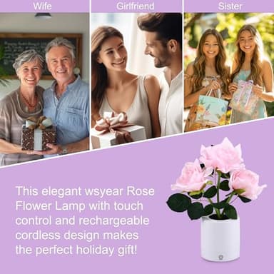 WSYEAR Pink Rose Flower Lamp, Valentine's Day LED Artificial Flowers Gifts for Her Wife Girlfriend Small Table Lamp Night Light, Cordless Touch Lamp - Image 4
