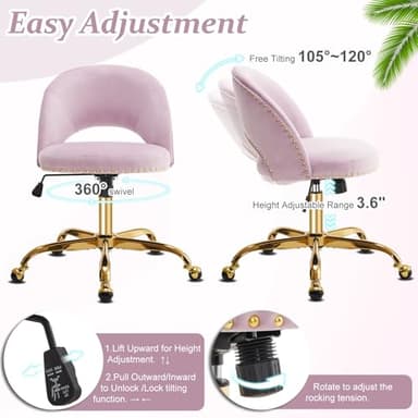 VINGLI Modern Velvet Small Office Chair,Cute Desk Chair With Wheels,Gold Base/Studs,Comfy Armless Swivel Vanity Task Chair For Women/Girl/Kids,Nail Tech Chair For Office,Small Space,Mauve Light Purple - Image 6