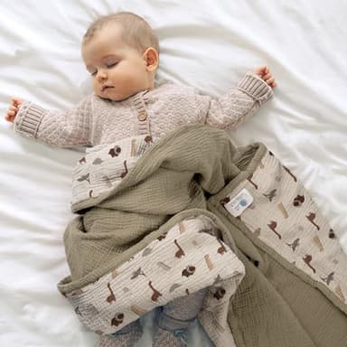 lulumoon Muslin Baby Blanket - Cotton Quilt Blankets for Toddlers - Reversible Nursery Crib Blanket for Baby Boys and Girls 47"x47"(Olive Dinosaur) - Image 2