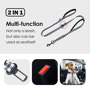 PoyPet 5 Feet Dog Leash - 2 Cushioned Handles - Functional Car Seat Belt (Grid, L) - Image 2