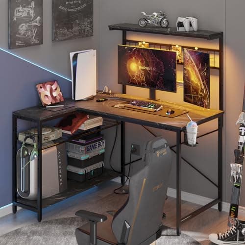 Bestier 42 L Shaped Gaming Desk, Computer Desk with Power Outlets & LED Light, Reversible Corner Desk with Shelves, Home Office Desk with Storage, Black Marble - Image 1