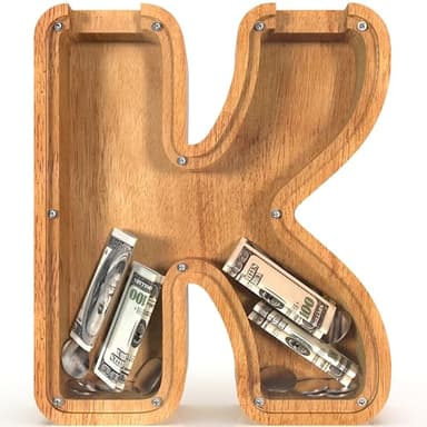 Piggy Bank for Kids Boys Girls, Large Personalized Wooden Letter Piggy Bank with Cut-Out Design, Alphabet Letter Coin Banks, Money Savings Box, Wooden Bank for Kids Creative Gift for Real-Money(K) - Image 2