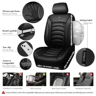 CAR PASS 3D Foam PU Leather Car Seat Covers, Universal Seat Covers Front 2 for Trucks SUV Sedan Automotive Seat Covers Armrest Airbag Compatible Waterproof Comfortable Faux Nappa Leather All Black - Image 4