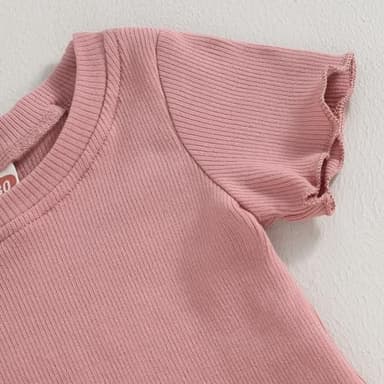 Kupretty 2Pcs Toddlers Baby Girls Summer Clothes Set Ruffle Ribbed Short Sleeves T-Shirt Tops Shorts Comfy Outfits (Pink, 12-18 Months) - Image 4