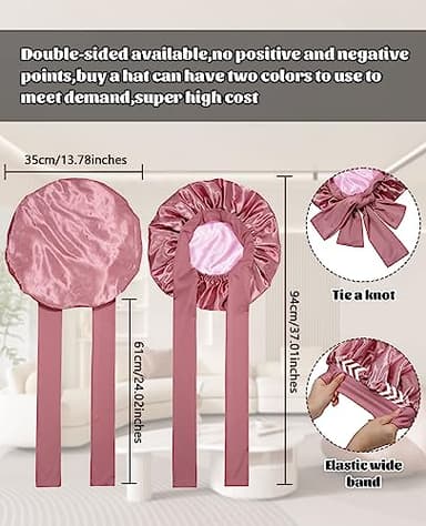 Satin Bonnet for Sleeping Cap Double Layer Hair Bonnet with Elastic Tie Band for Curly Hair Night Cap (Bean Paste + Pink) - Image 3