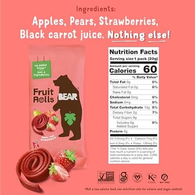BEAR Real Fruit Snack Rolls - Gluten Free, Vegan, and Non-GMO - Strawberry – 36 Rolls, Healthy School And Lunch Snacks For Kids And Adults, 0.7 Ounce (Pack of 18) - Image 2