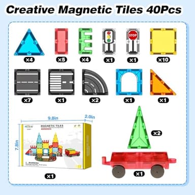 Magnetic Tiles Road Sets with Car, Magnetic Building Blocks Toys for 3+ Year Old Boys Girls, Montessori Magnet Kids Toys, Construction Toys for Ages 3 4 5 6 7 8 Christmas Birthday Gifts for Toddlers - Image 8