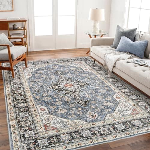 HILORUUG Washable Area Rug - 6x9 Bedroom Living Room Large Indoor Rugs Soft Oriental Vintage Rugs Non-Slip Backing Stain Resistant for Farmhouse Kitchen (6x9 Navy Blue) - Image 1