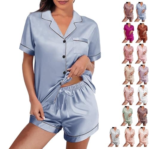 WJing Yi Jia Womens Silk Satin Pajamas Loungewear Two-Piece Sleepwear Button-Down Floral Pj Set XS-4XL - Image 1