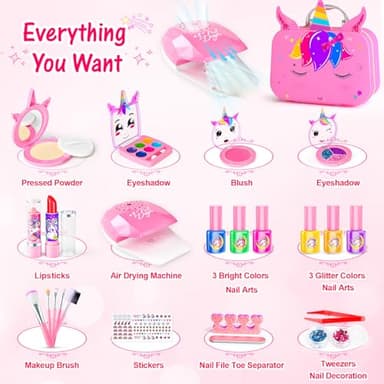 Kids Makeup Kit for Girl - 2 In 1 Kids Washable Makeup Toys & Nail Art Kits with Nail Dryer and Cosmetic Case, Princess Dress Up Set for Girls, Real Girls Makeup Set for Ideal Gifts Toys for 3-12 Year - Image 4