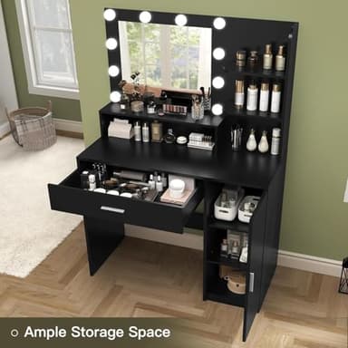 Quimoo Makeup Vanity Desk with Mirror & Lights, Vanity Desk with 5 Drawers & Storage Shelves, Vanity Table, 3 Color Modes & Adjustable Brightness Dressing Table, Bedroom, Black - Image 6