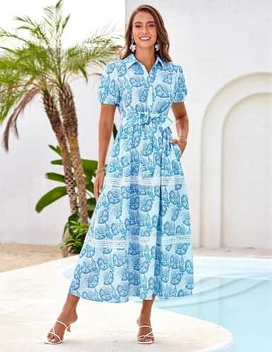 GRACE KARIN Women's 2025 Summer Floral Flowy Dresses Boho Tie Belt Short Puff Sleeve A Line Maxi Shirt Dress with Pocket White Blue Large - Image 7