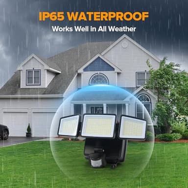 UME Hybrid Solar and Battery Powered Motion Sensor Outdoor Lights, 302 LED 1800LM, IP65 Waterproof, 3-Head Motion Activated LED Flood Lights, Energy Efficient Hybrid Security Light for Garden, Patio - Image 7