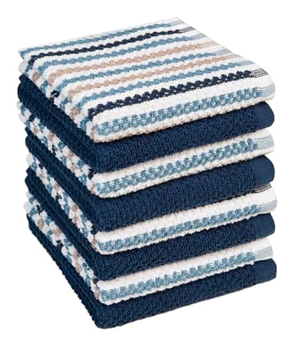 Bumble Premium Dish Cloths Towel 12"x12" | 100% Natural Ring Spun Cotton Tea Towel Set | 430 GSM | Highly Absorbent & Soft Dish Towels | 8 Pack - 4 Popcorn Wide Striped & 4 Solid Kitchen Towels - Blue - Image 1