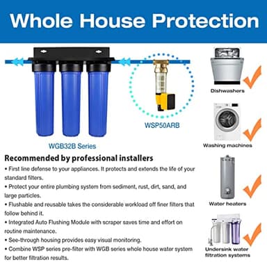 iSpring WGB32B-PB 3-Stage Whole House Water Filtration System (w/ 20” x 4.5” Fine Sediment, Carbon Block, and Lead Reducing Filters) w/ 3/4'' Push-Fit Stainless Steel Hose Connectors - Image 7