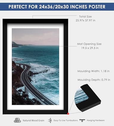 PEALSN 24x36 Poster Frame Black, Poster Frames 24 x 36 inches for Wall Mounting Display Horizontally or Vertically Hanging, 1 Pack. - Image 2